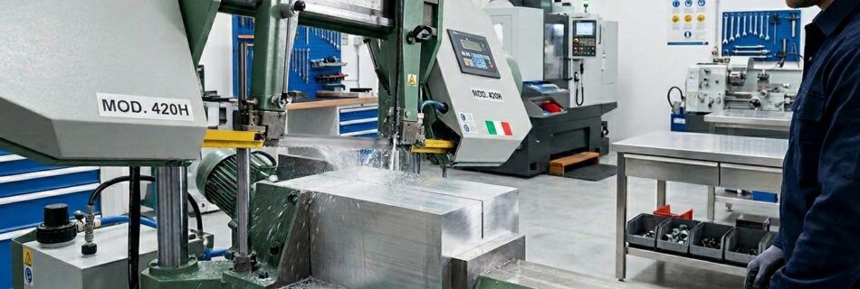 Segatrice a nastro orizzontale MOD.420H in officina che taglia un blocco di alluminio